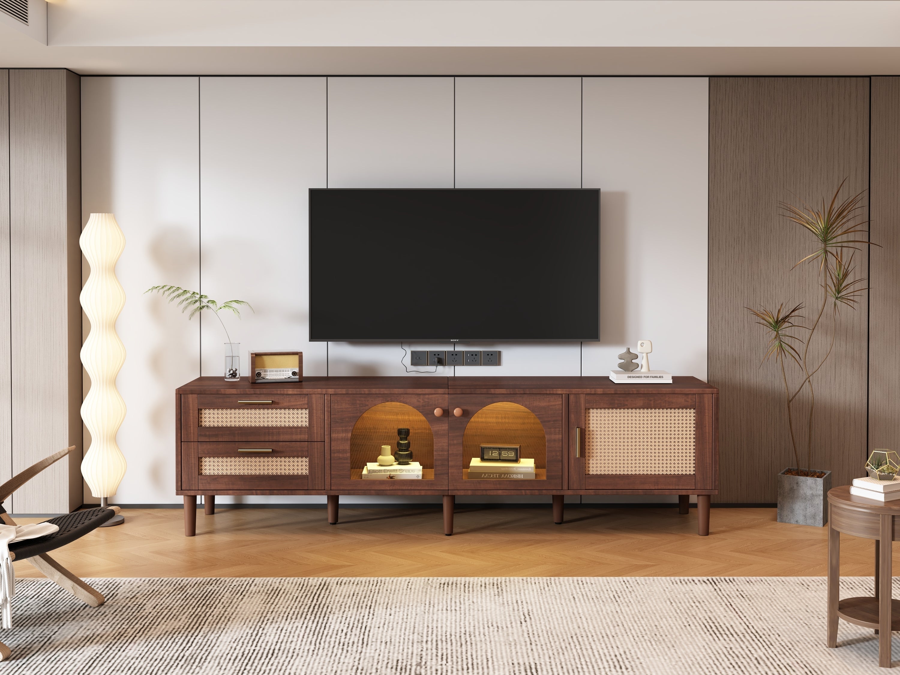 Rattan TV Stand with 3 Cabinets and 2 Drawers