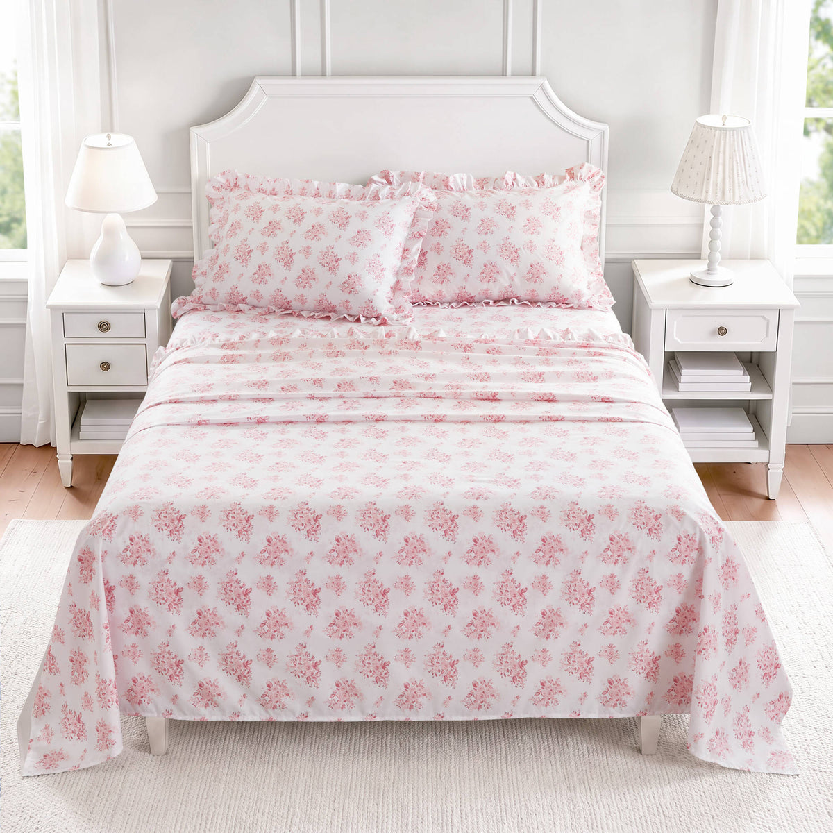 4-Piece Full Microfiber Sheet Set, Pink Floral, Ruffled Hem