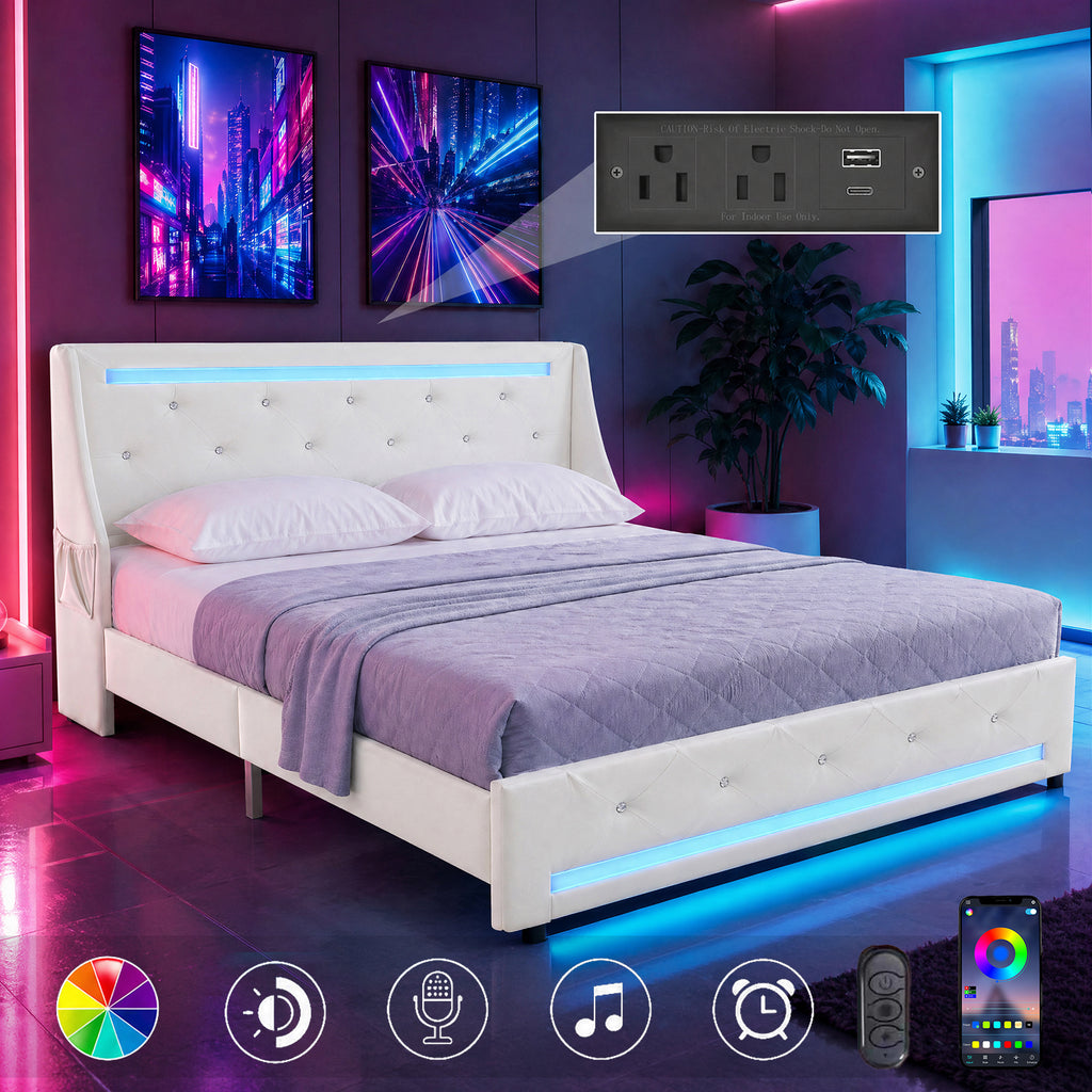 Queen Size Bed Frame with LED Lights and Charging Station