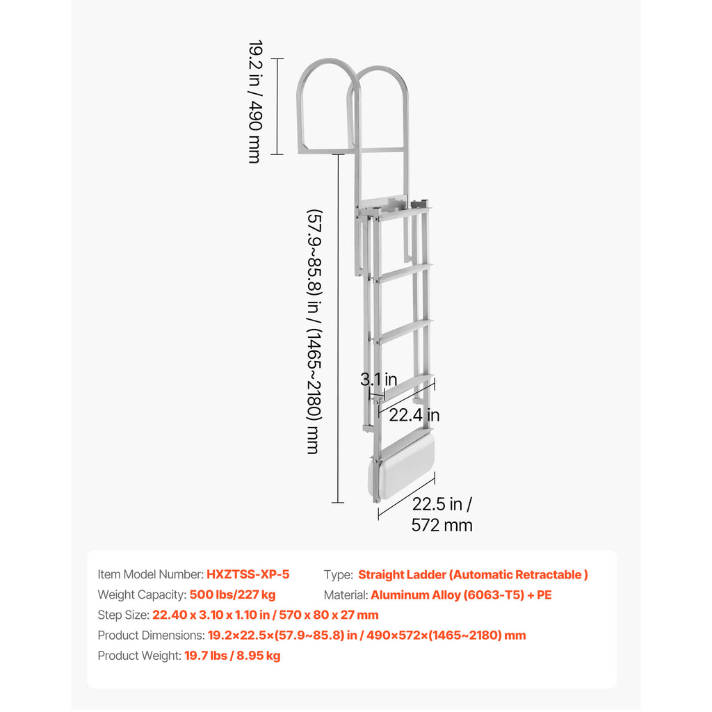 Retractable Dock Ladder - 5 Steps, Aluminum Alloy