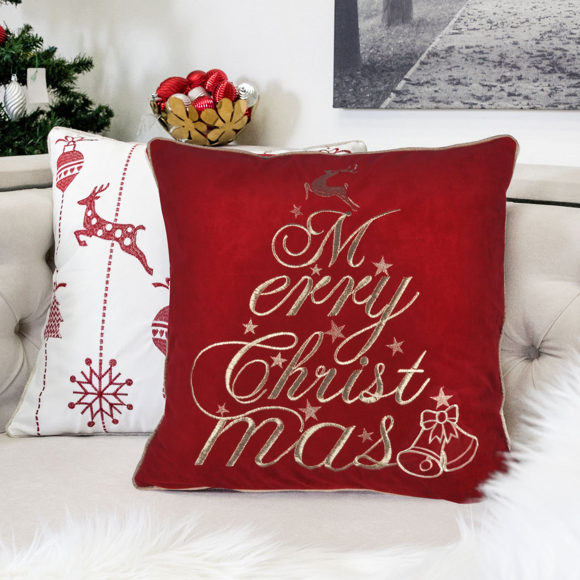 Red Velvet Christmas Throw Pillow with Merry Christmas Embroidery