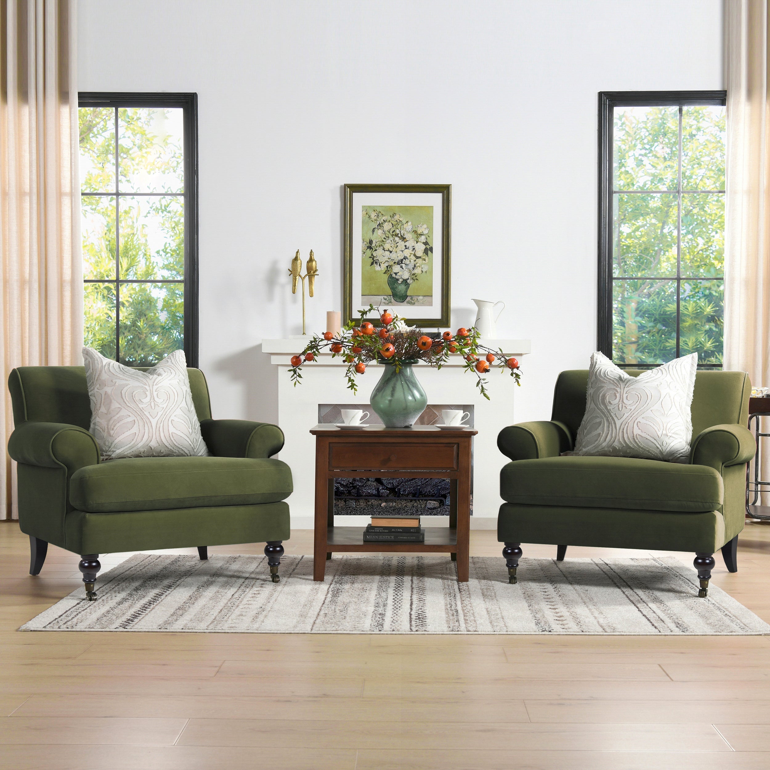 Alana 38" Lawson Accent Arm Chair Metal Casters, Olive Green Performance Velvet