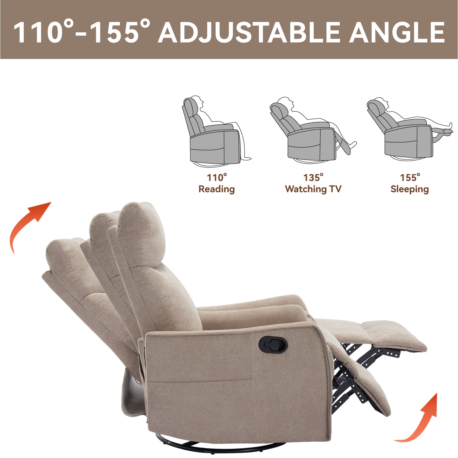 Heat Massage Manual Recliner Chair with Rocker and Swivel in Khaki