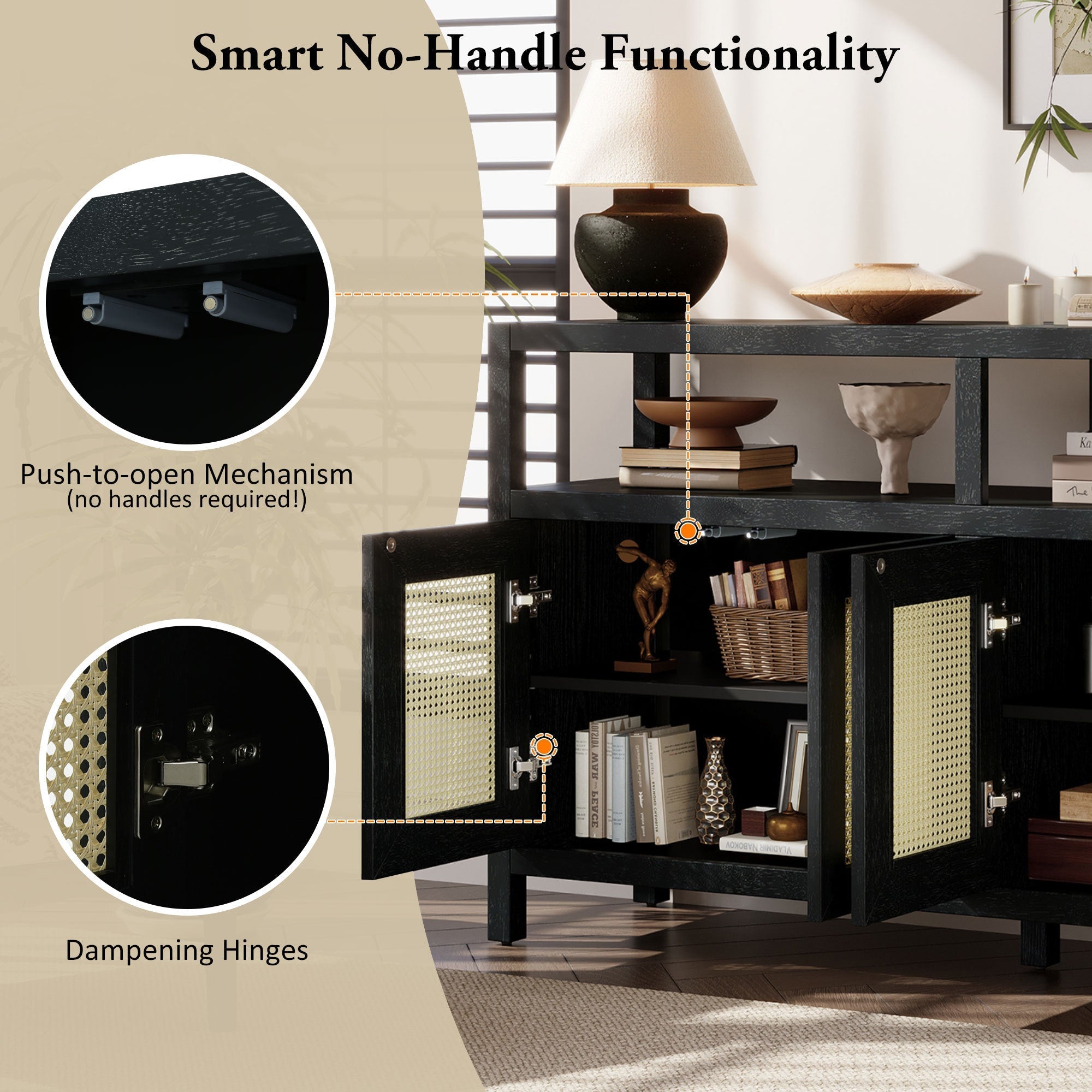 TREXM Bohemian Style Rattan Buffet Storage Cabinet with Solid Wood Frame