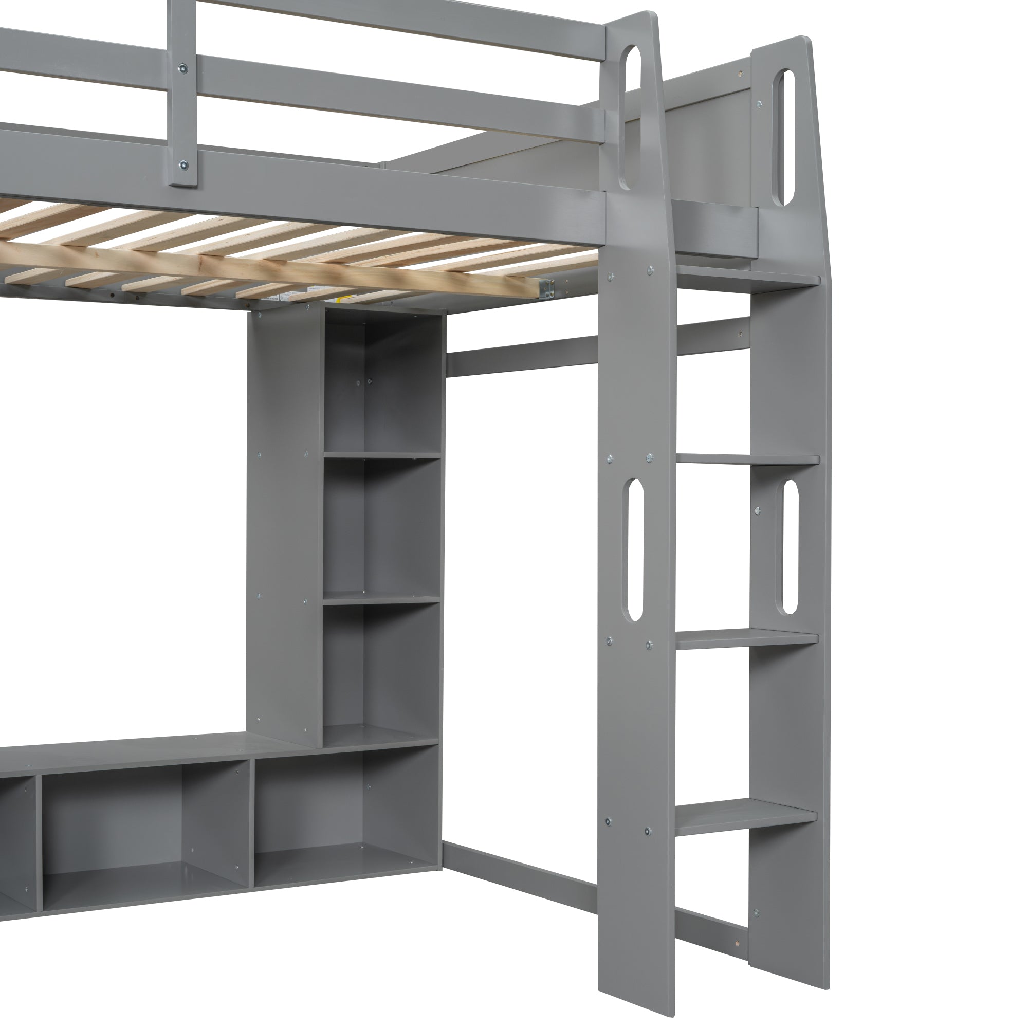 Wood Full Size Gaming Loft Bed with Desk and Multi-Storage Shelves