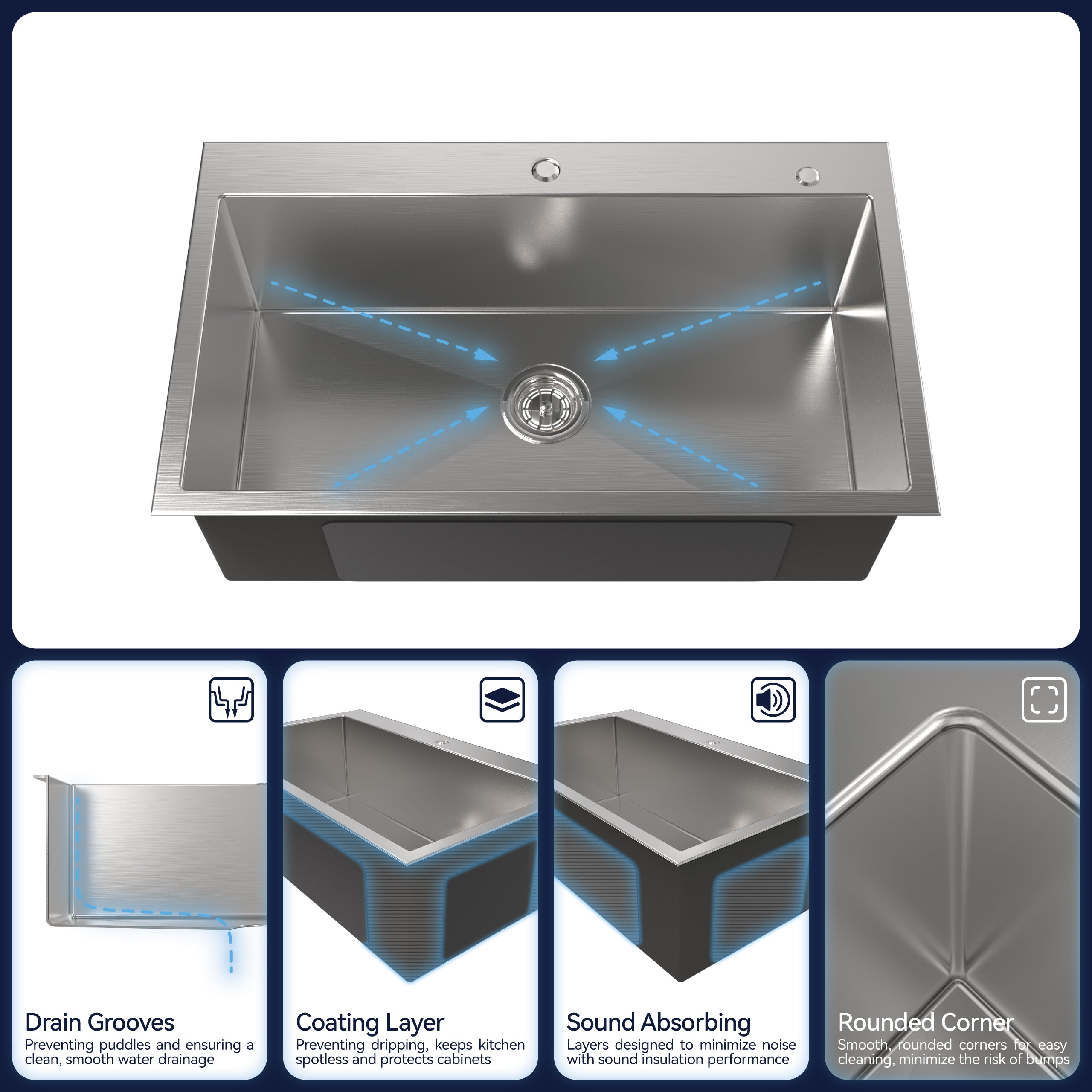 Stainless Steel Kitchen Sink - 32"x19" Single Bowl