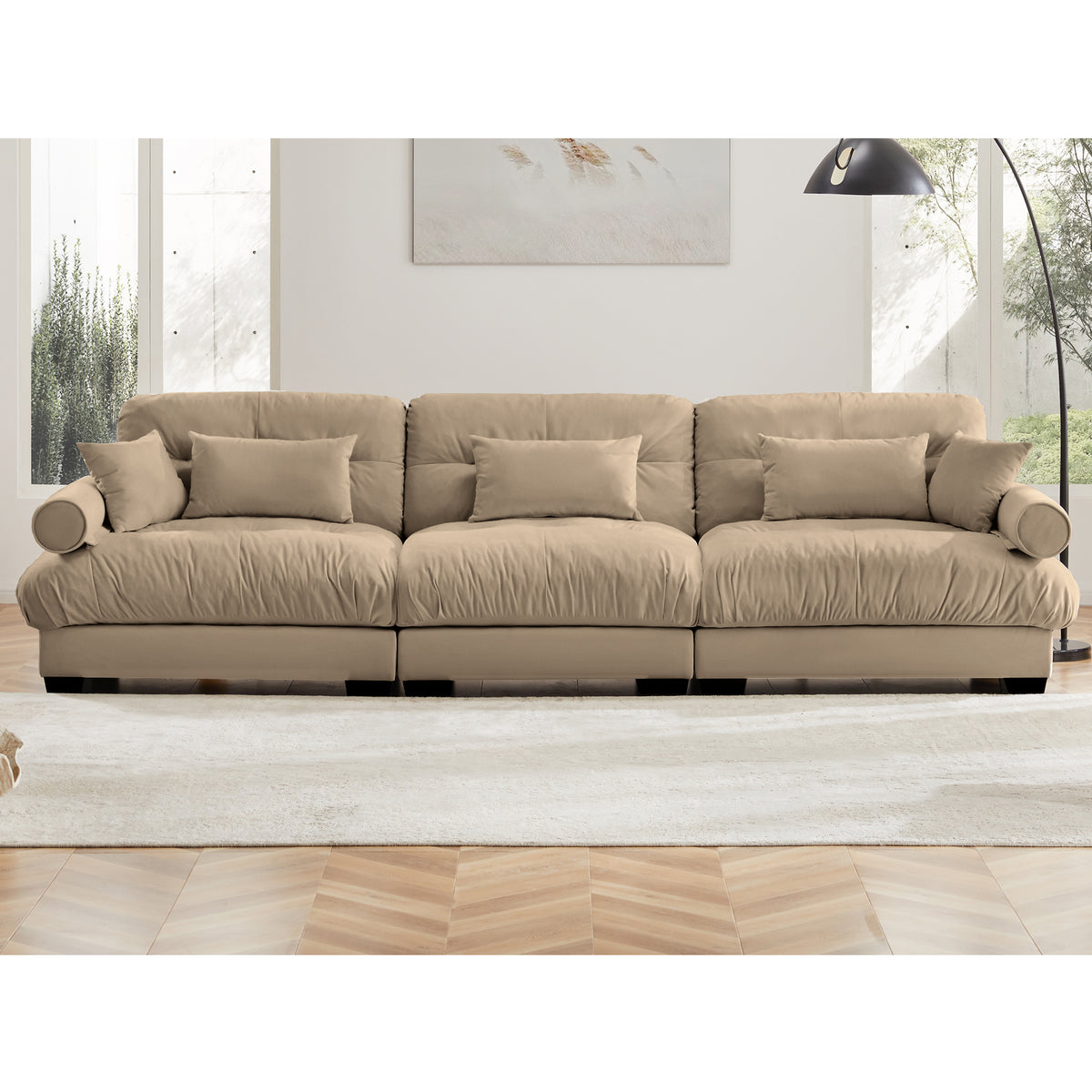 Extra Large 3 Seat Modern Velvet Sofa - Camel