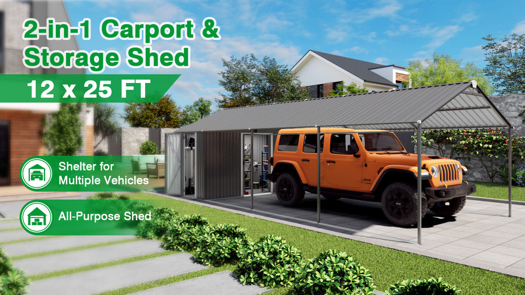12x25 FT Galvanized Steel Carport with Car Shelter & Storage Shed