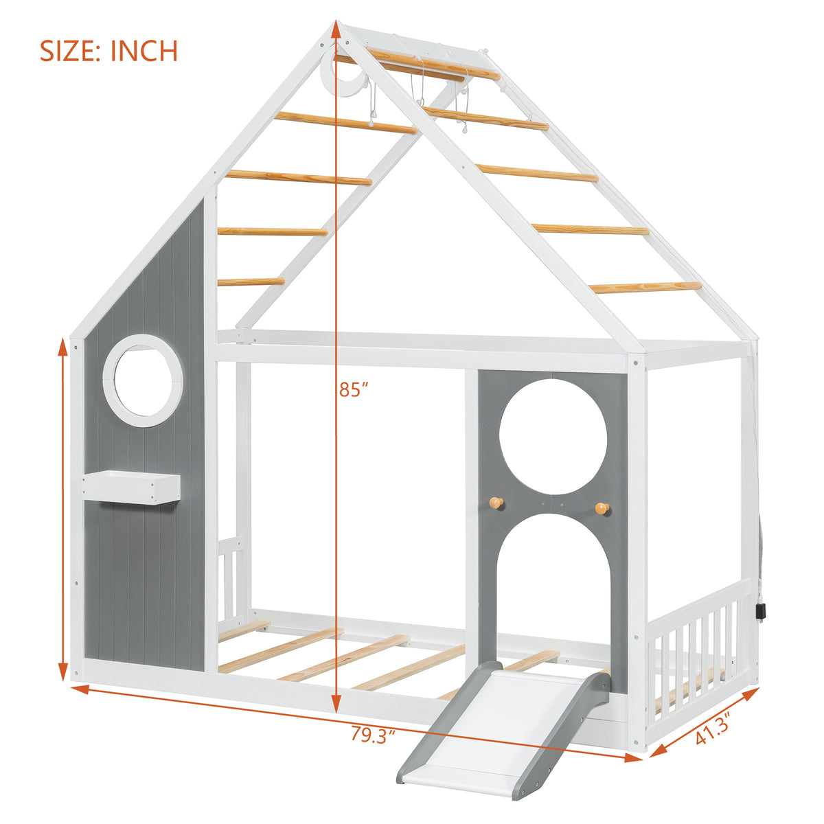 Twin House Bed with Slide, Ball Light Strip, Gray