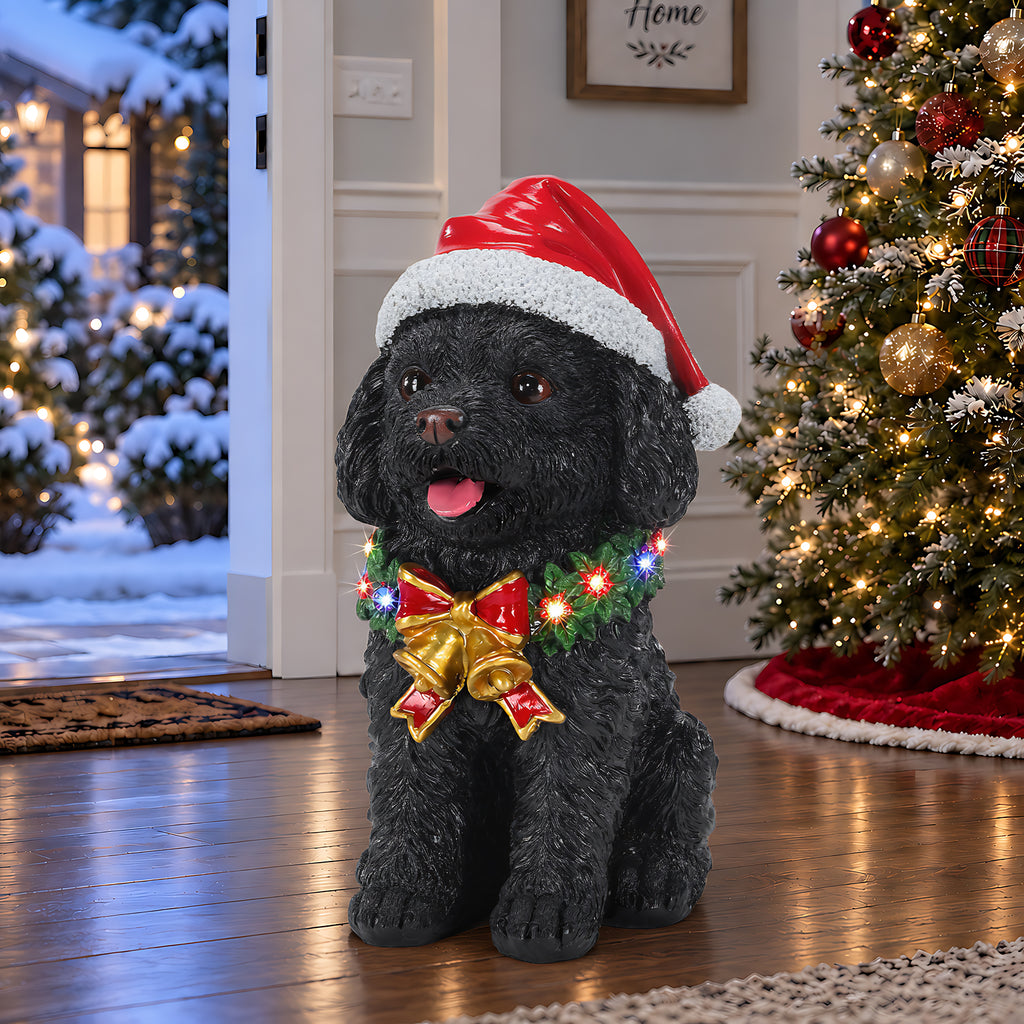 Lighted Christmas Teddy Poodle Dog Statue, Santa Hat Puppy Figurine, Black