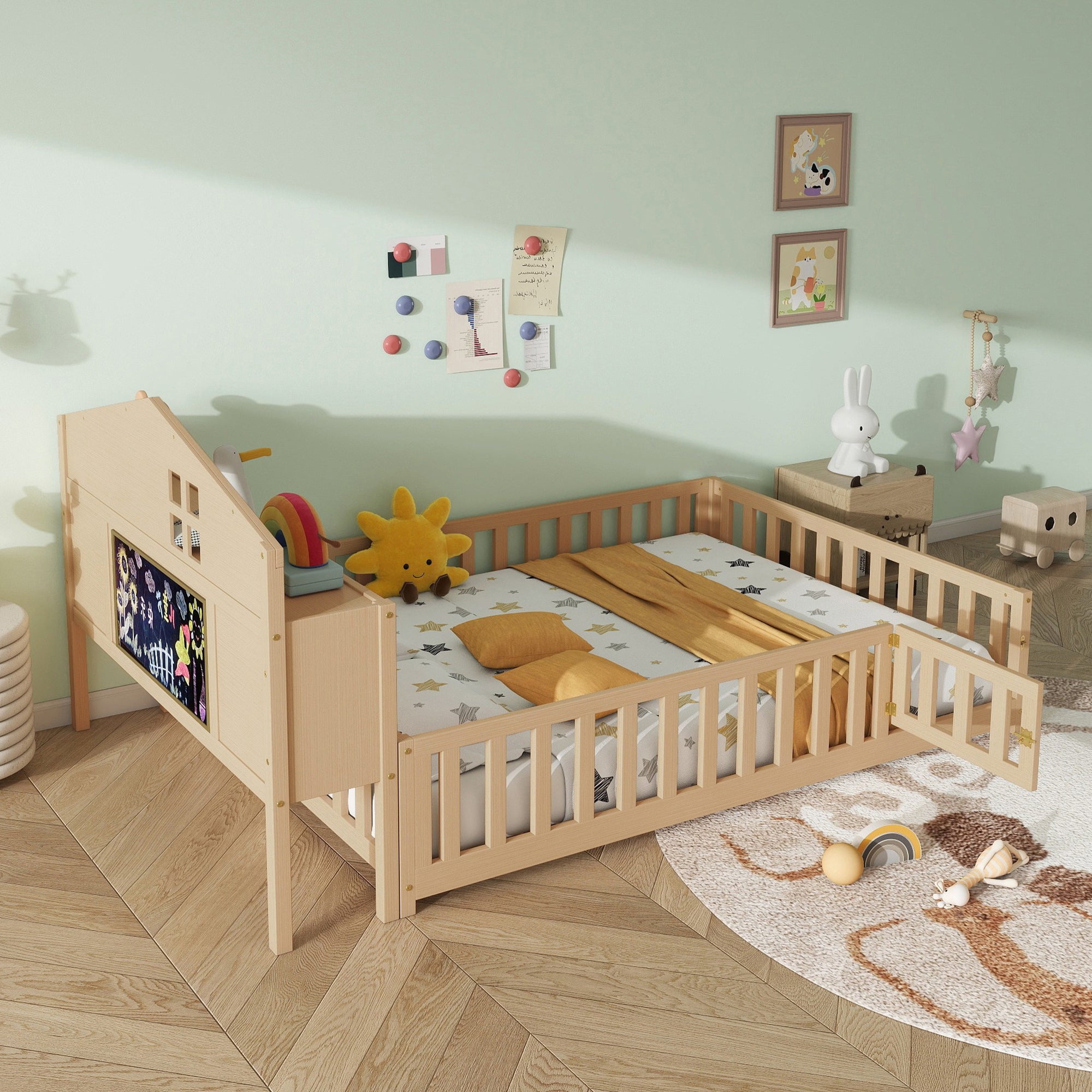 Full-Size Montessori Floor Bed with Bookcases and Blackboards