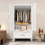 60" Tall Metal Wardrobe Cabinet with Drawer and Hanging Rod