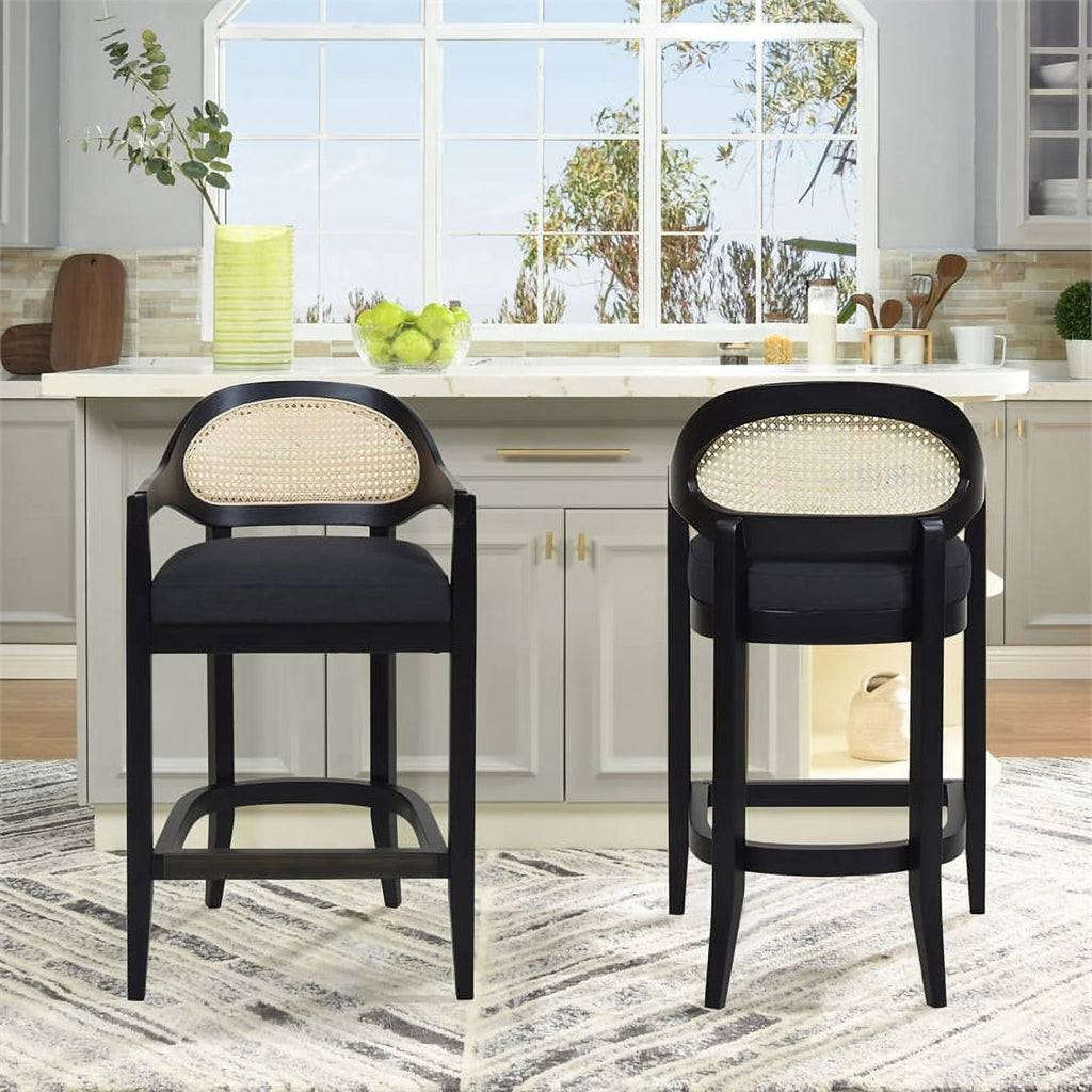 Americana Mid-Century Modern Cane Back Bar Stool in Jet