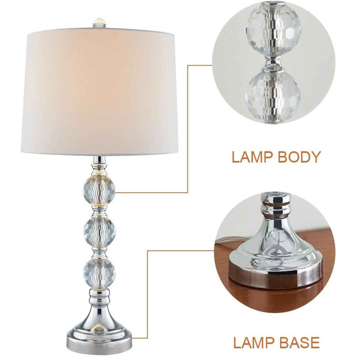 27.5-Inch Crystal Table Lamps Set of 2, 3-Way Dimmable, Nickel