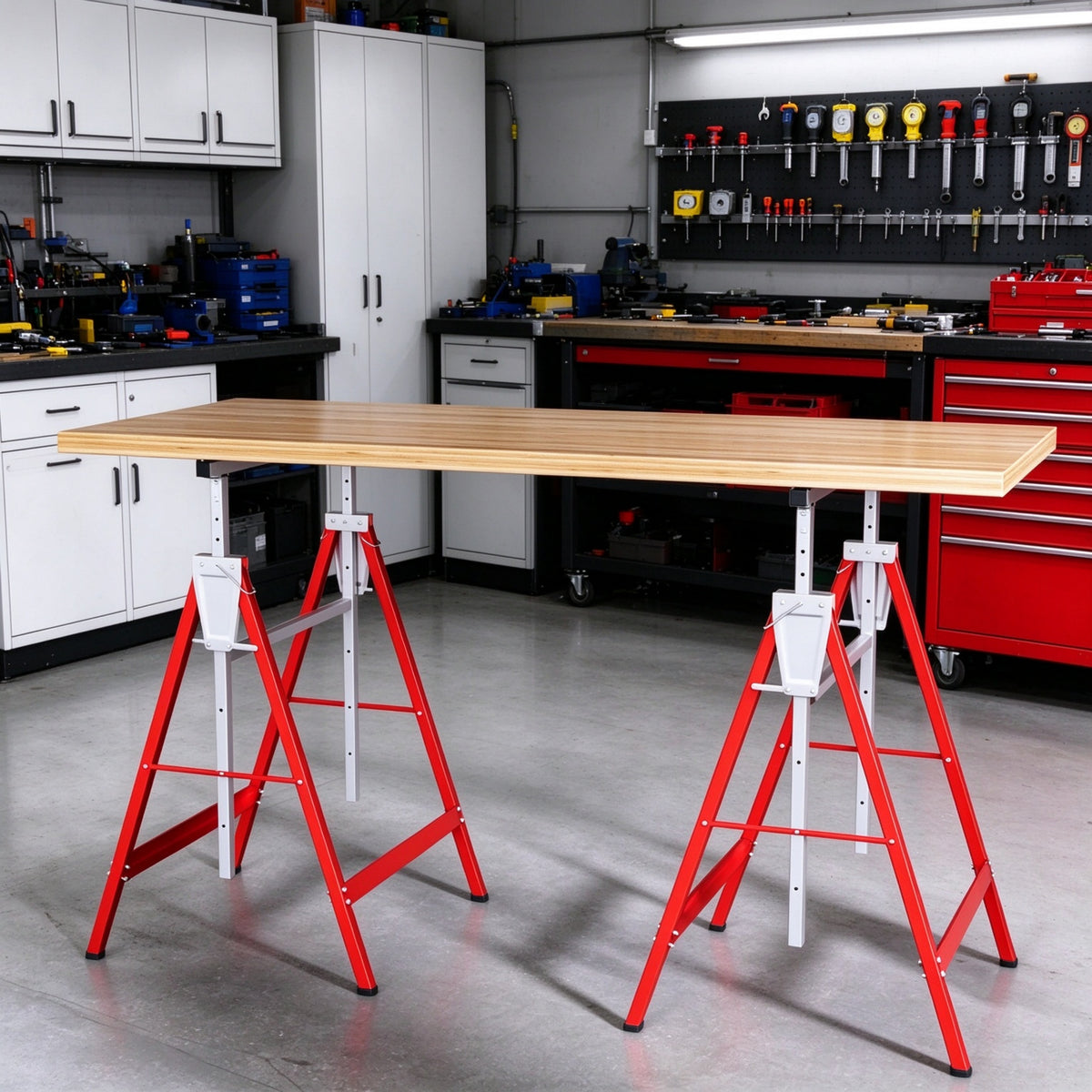 2-Pack Heavy-Duty Folding Sawhorse, Adjustable Height Steel Work Stand, Red