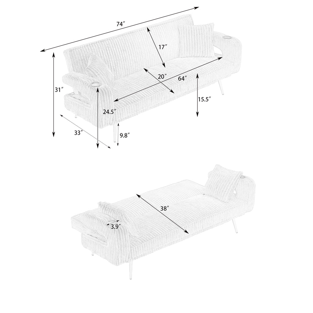 74 Inch Straight Corduroy Sofa Bed with Pillows