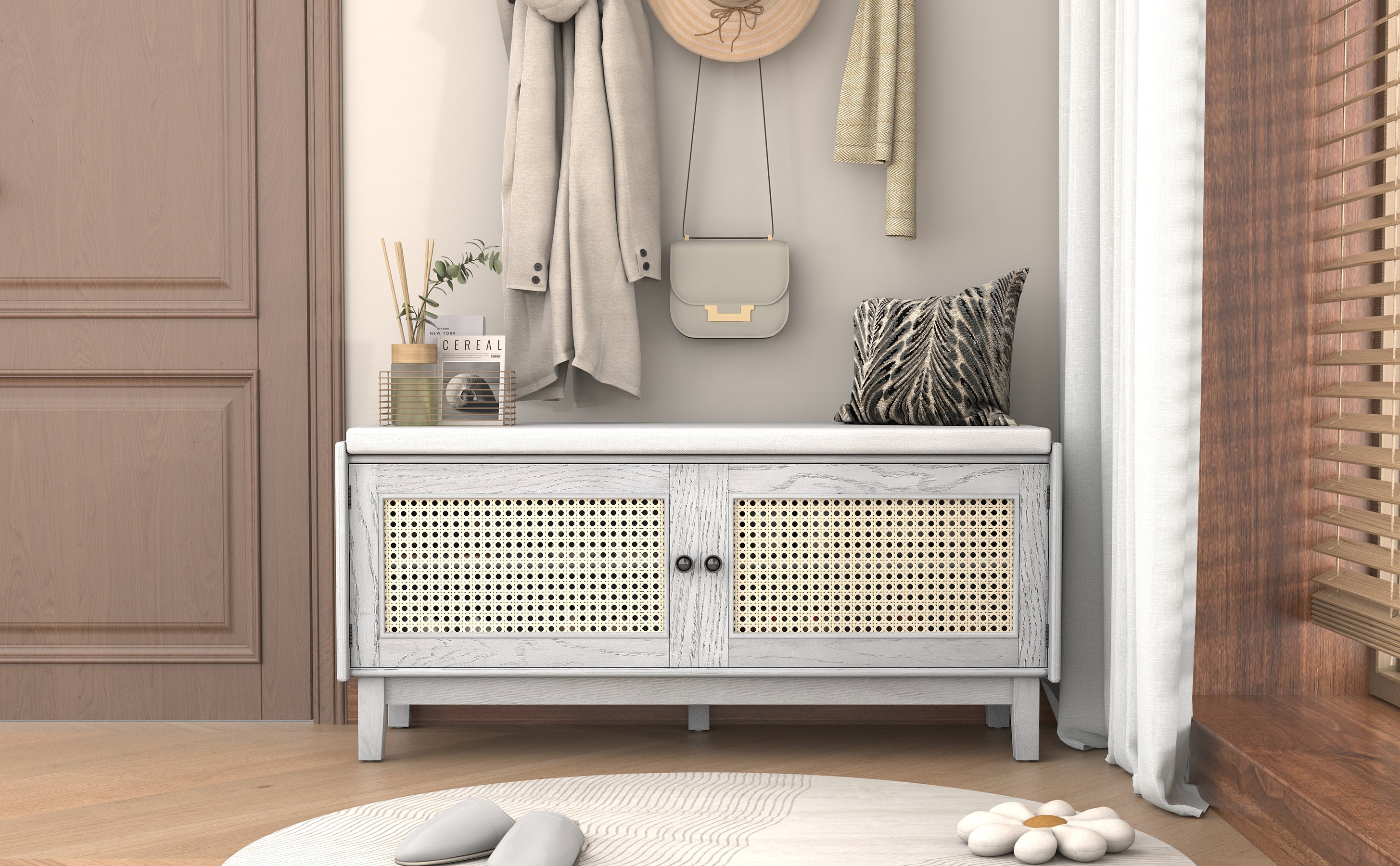 TREXM Boho Rattan Entryway Bench with Storage