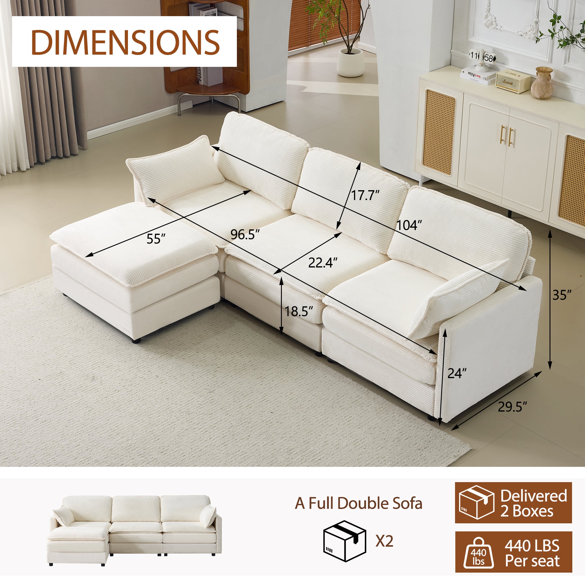 104" Plush Cloud 3 Seater Sofa: Modular 3 Seater Sofa + Ottoman