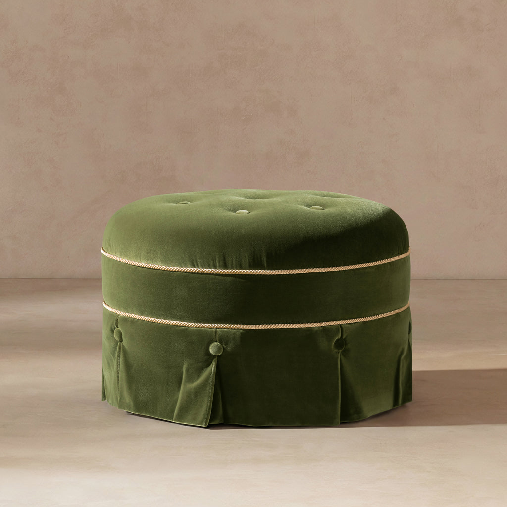 Maribel 24-Inch Round Upholstered Accent Ottoman, Olive