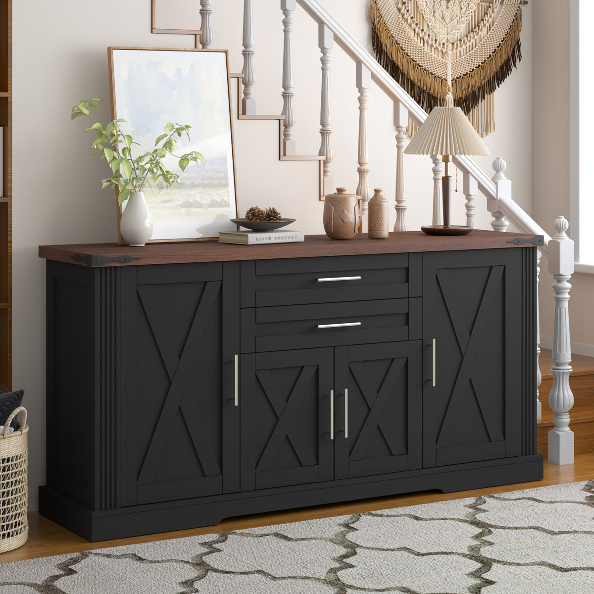 63" Farmhouse Barn Door Storage Cabinet with 2 Drawers & Door Rack