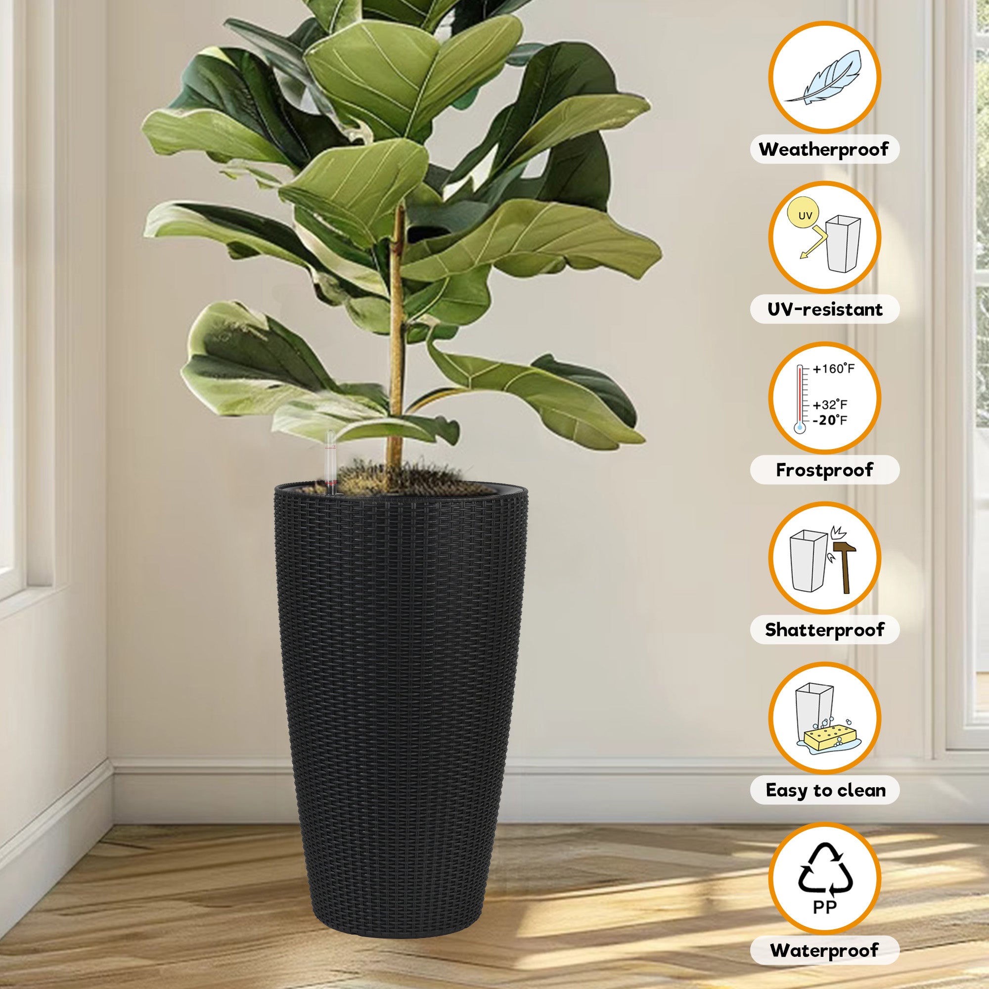 Set of 2 Faux Rattan Tall Planters