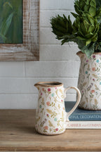 Round Ceramic Pitcher Vase with Multi-Colored Floral Motifs