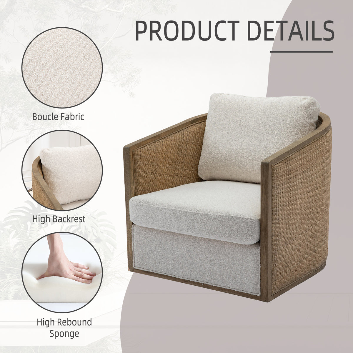 Swivel Barrel Chair, Beige Boucle, 360-Degree Rotation
