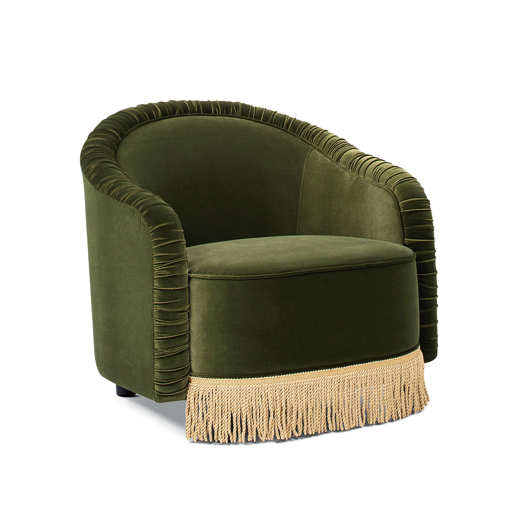 Serena 31.5" Ruched Barrel Back Accent Arm Chair with Bullion Fringe