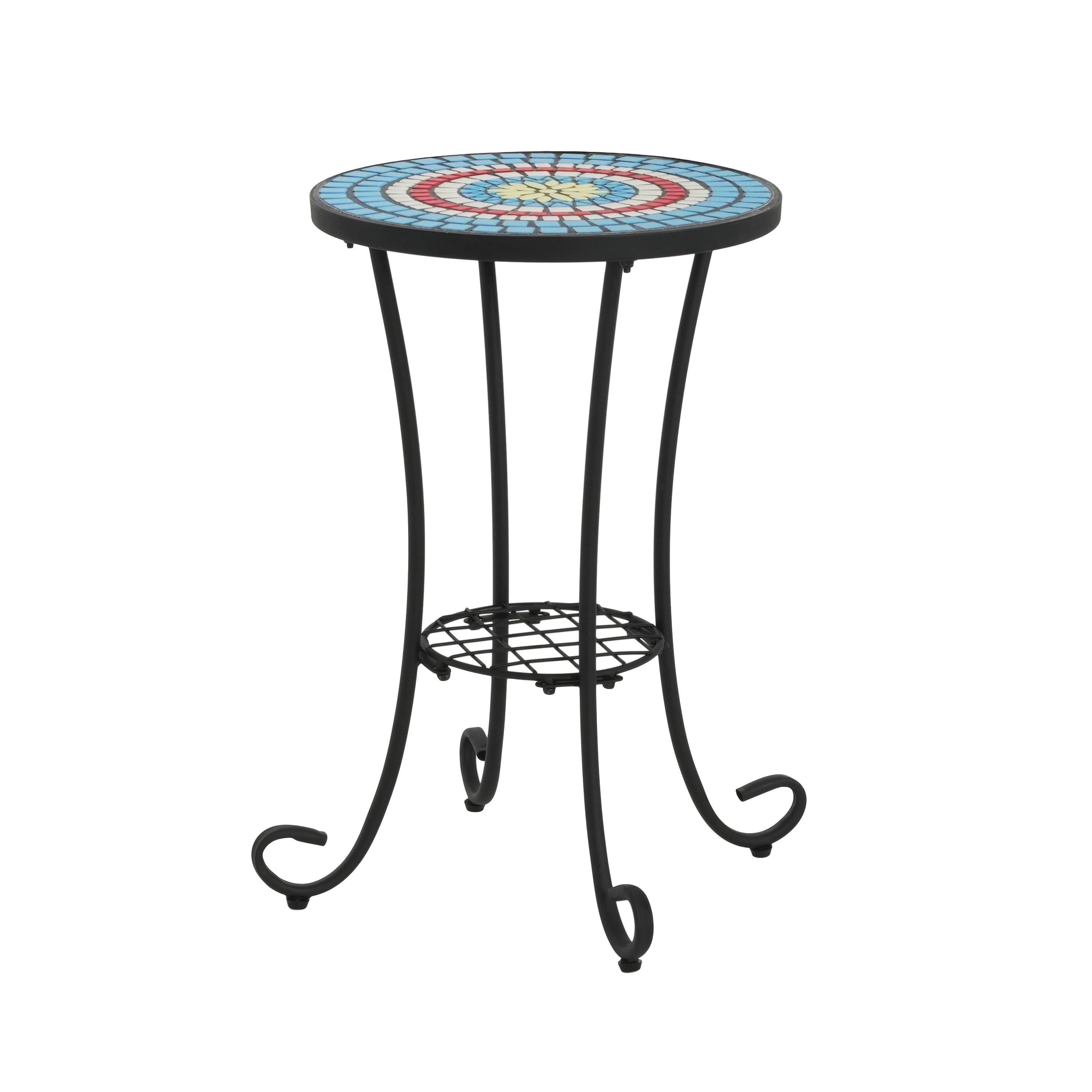 Patio Side Table with Shelf, Blue + Black
