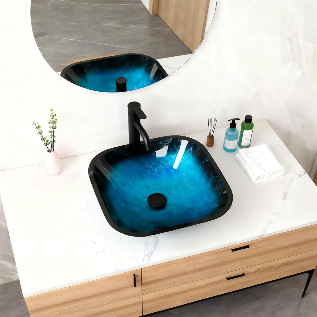 Bathroom Artistic Tempered Glass Vessel Sink with Faucet