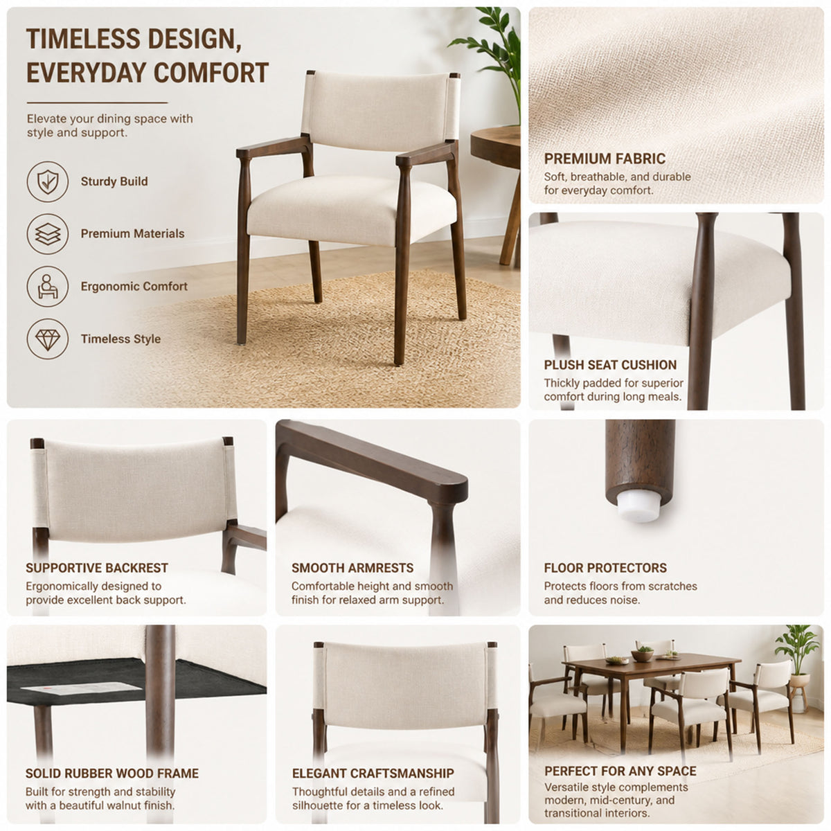 7-Piece Rectangular Dining Table Set, 70-Inch Walnut Rubber Wood with Beige Upholstered Chairs