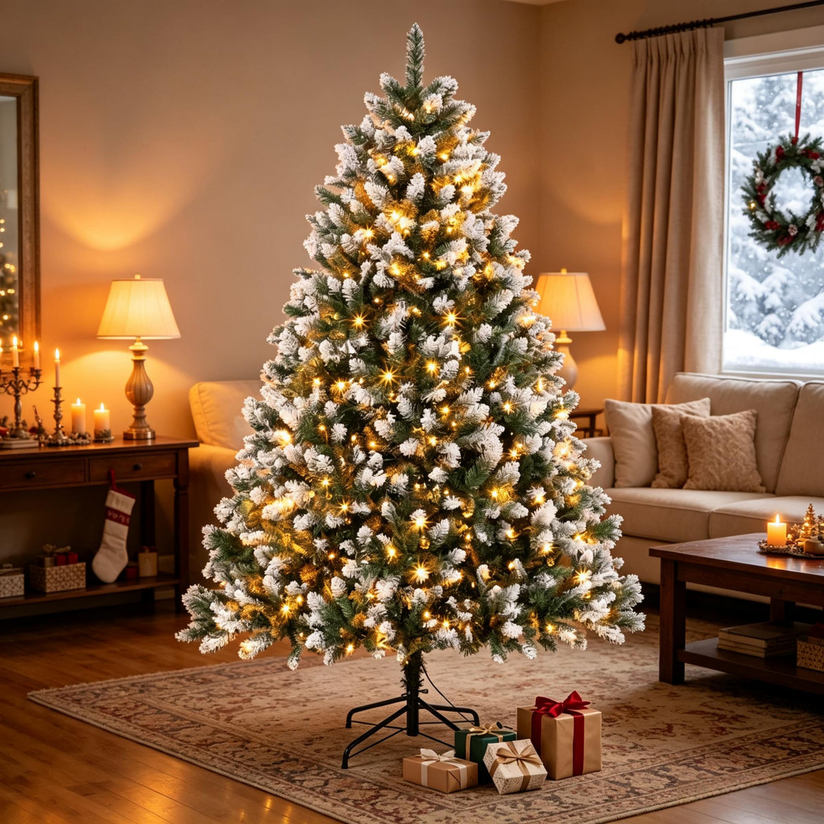 6-Foot Pre-Lit Artificial Christmas Tree, White-Tipped Full Green