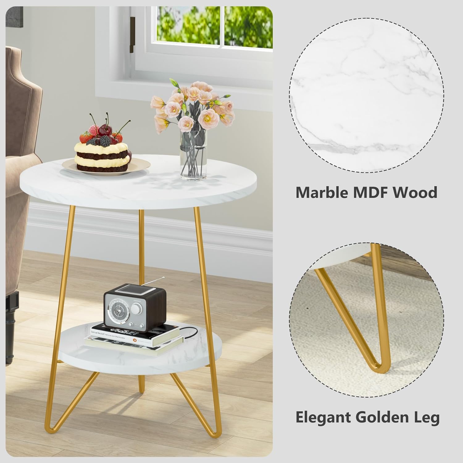 18.7” Round Faux Marble End Table, 2-Tier Round