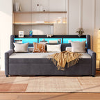 Twin Size Daybed with Trundle, Upholstery Daybed with LED Light & Charging Station