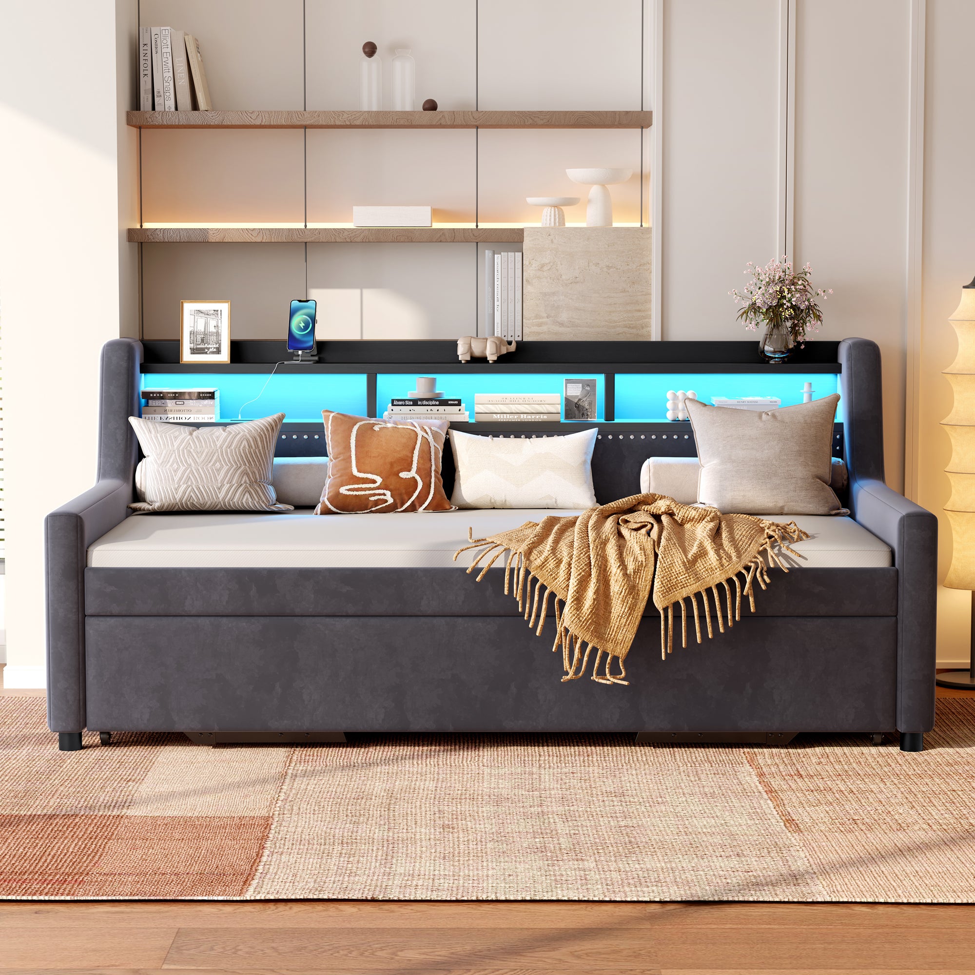 Twin Size Daybed with Trundle, Upholstery Daybed with LED Light & Charging Station
