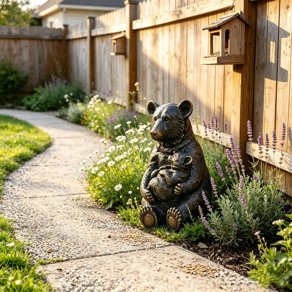 19'' Tall Mother Bear Hugging Cub Garden Statue
