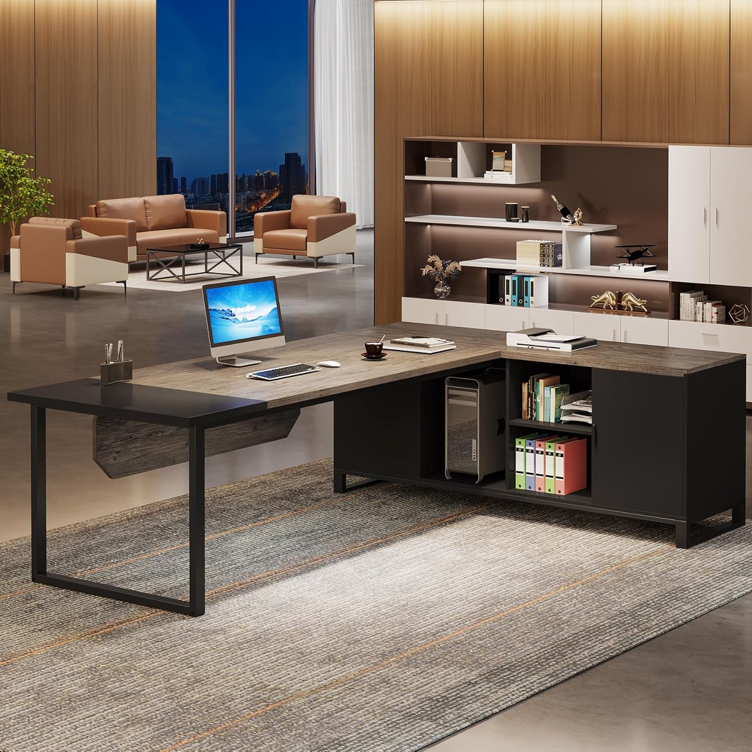 70.8" L-Shaped Executive Desk with 55" File Cabinet