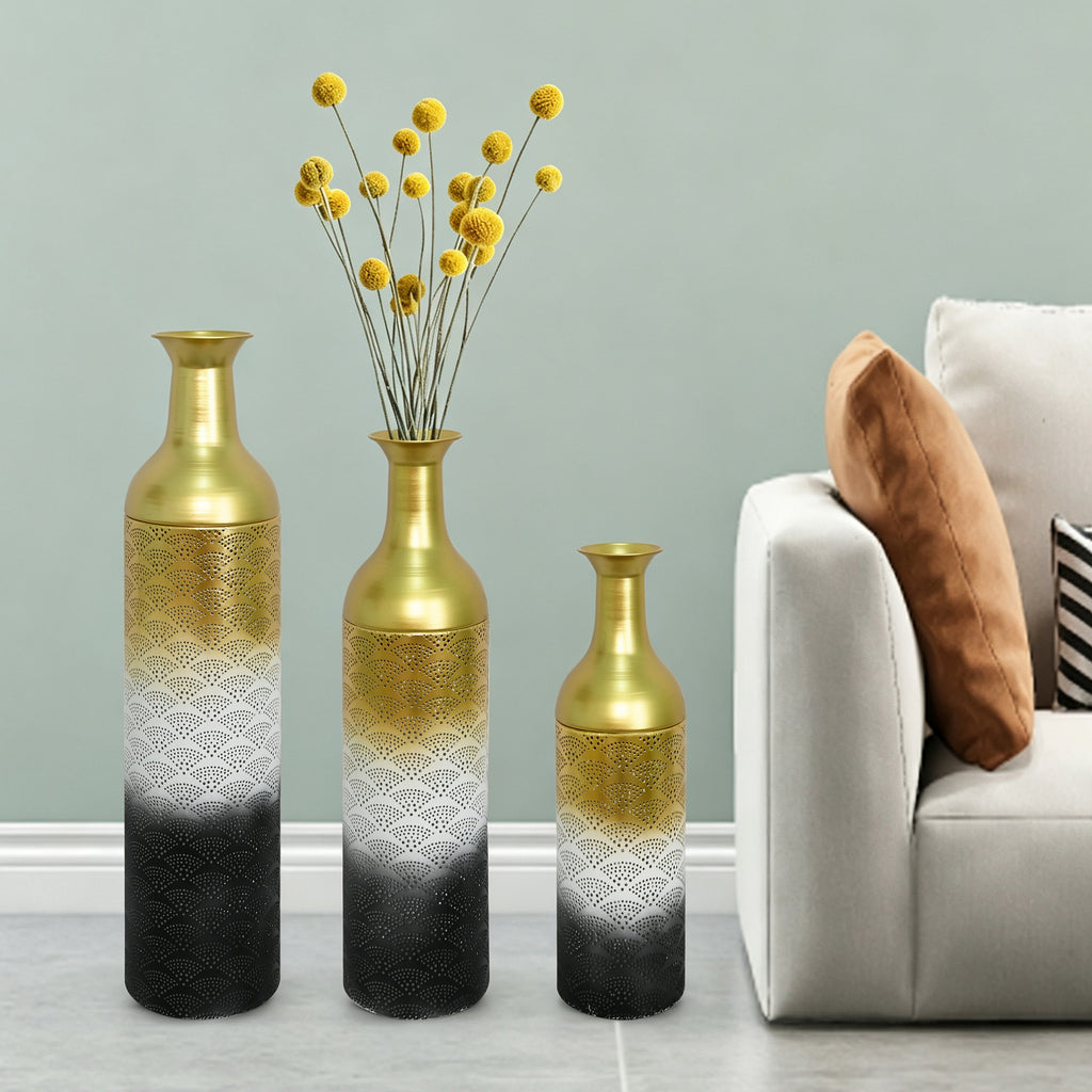 Decorative Metal Vases Set of 3, Leaf Pattern Floor Vases