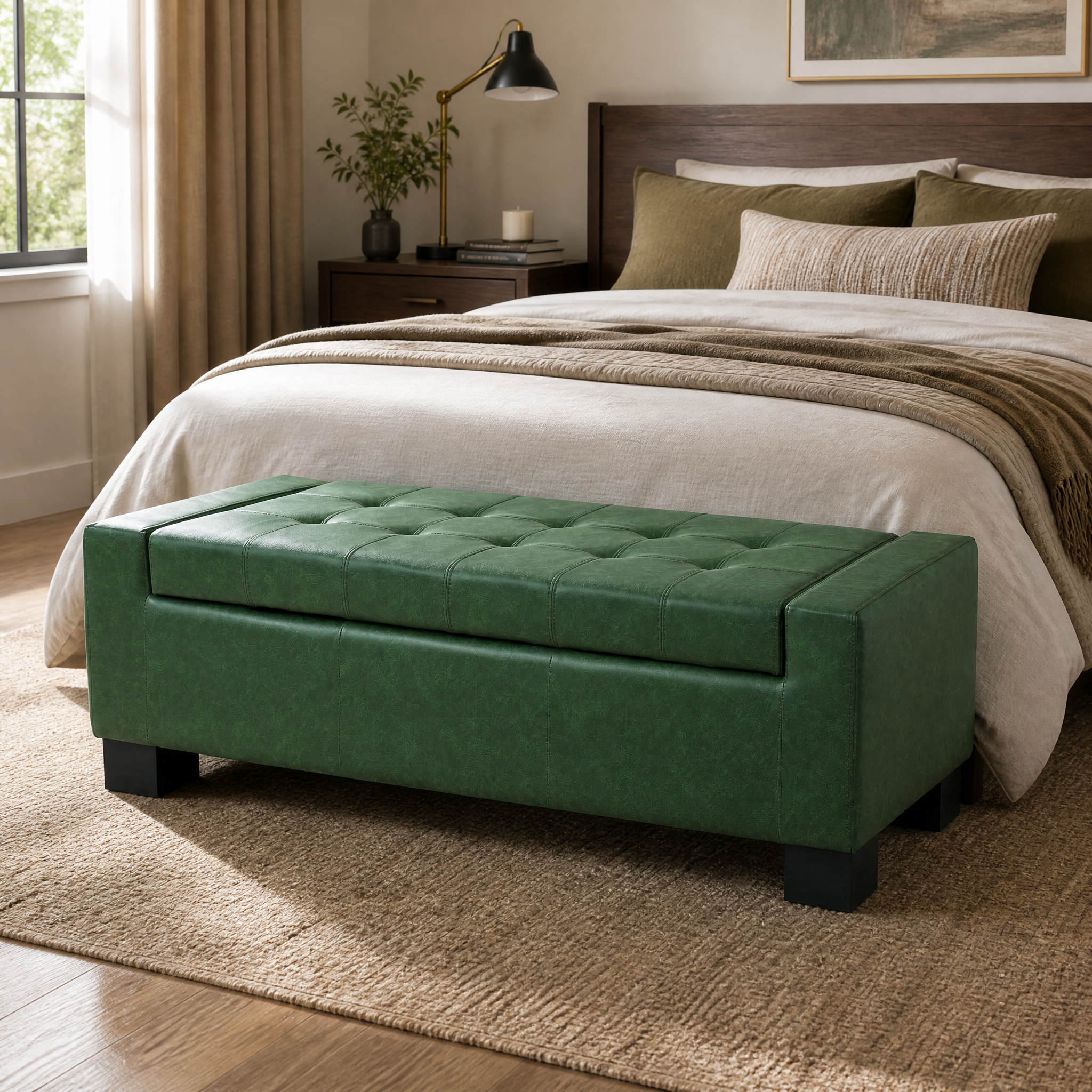 Green Storage Ottoman Bench with Solid Wood Legs