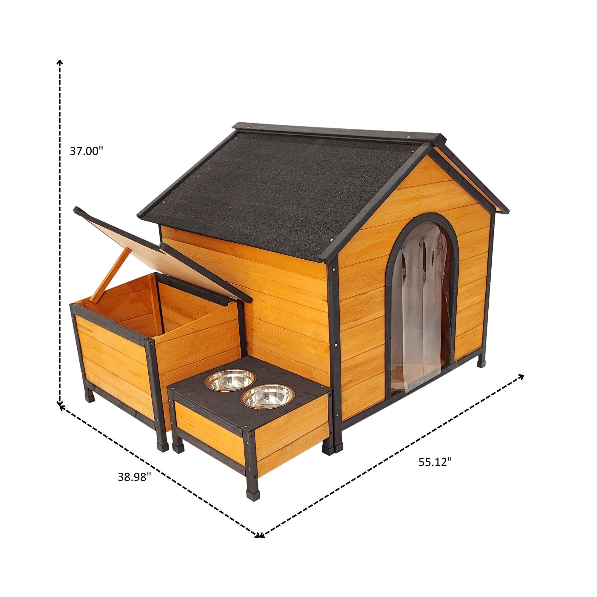 Wearable and Strong Wooden Dog House with Metal Bowls and Toy Box