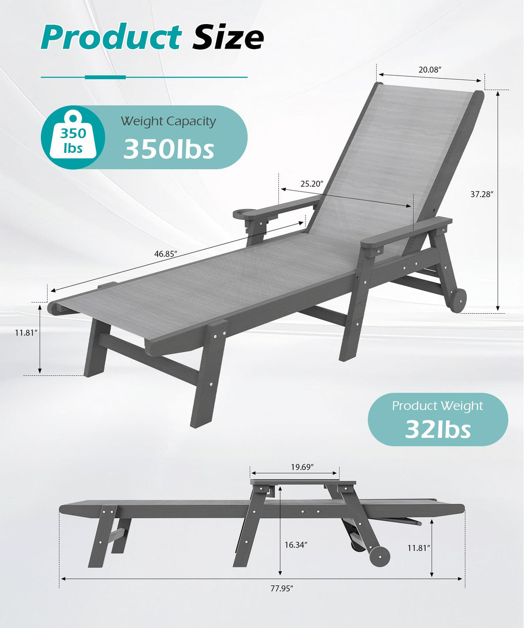 Outdoor Pool Lounge Chairs Set of 2, HDPE Patio Lounge Chair with Wheels