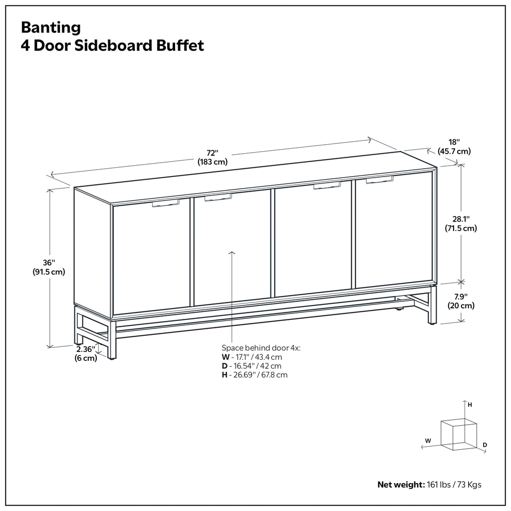 Banting 72 Inch Wide Solid Wood 4 Door Sideboard Buffet