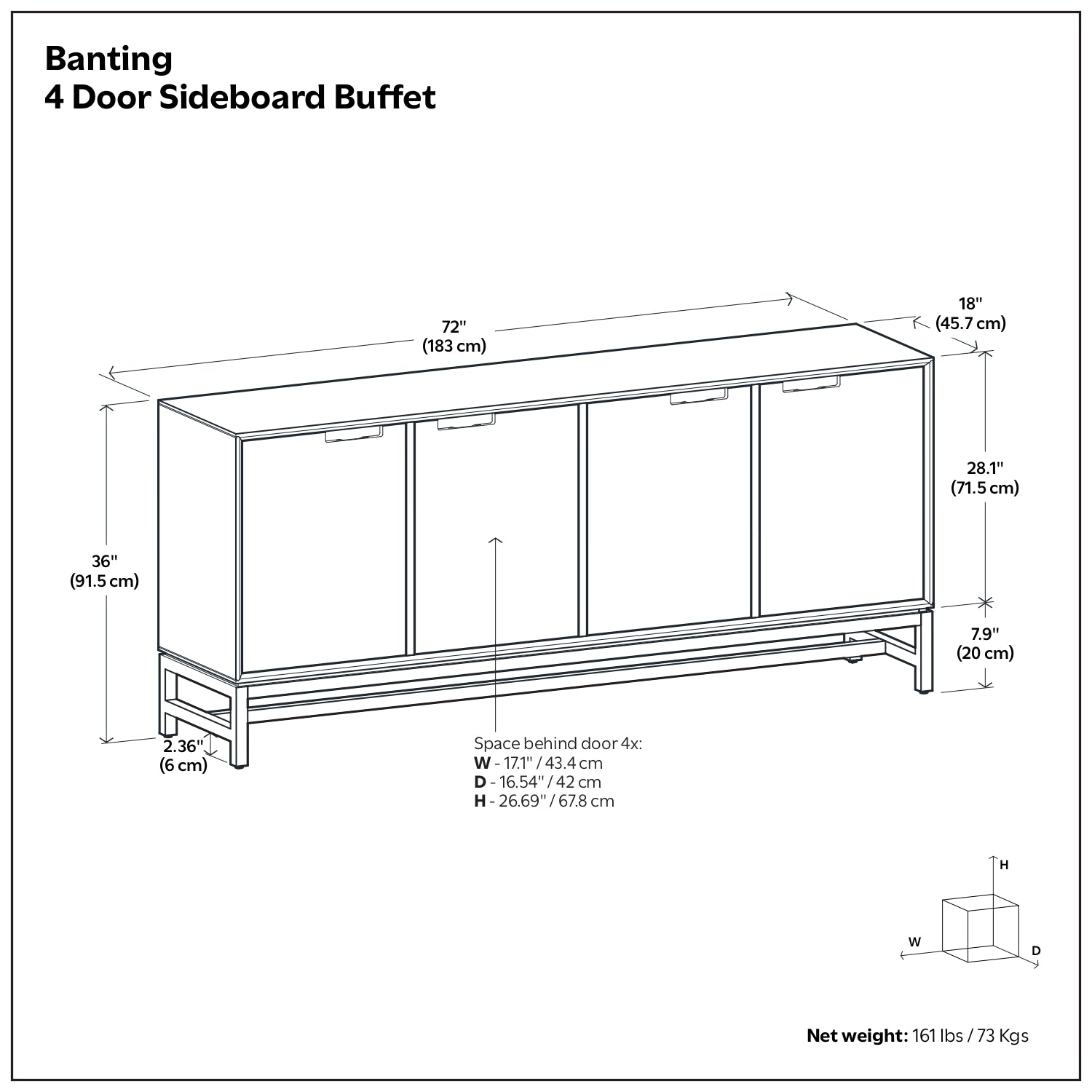 Banting 72 Inch Wide Solid Wood 4 Door Sideboard Buffet