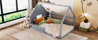 Full Size Wood House Bed with Window and Fence