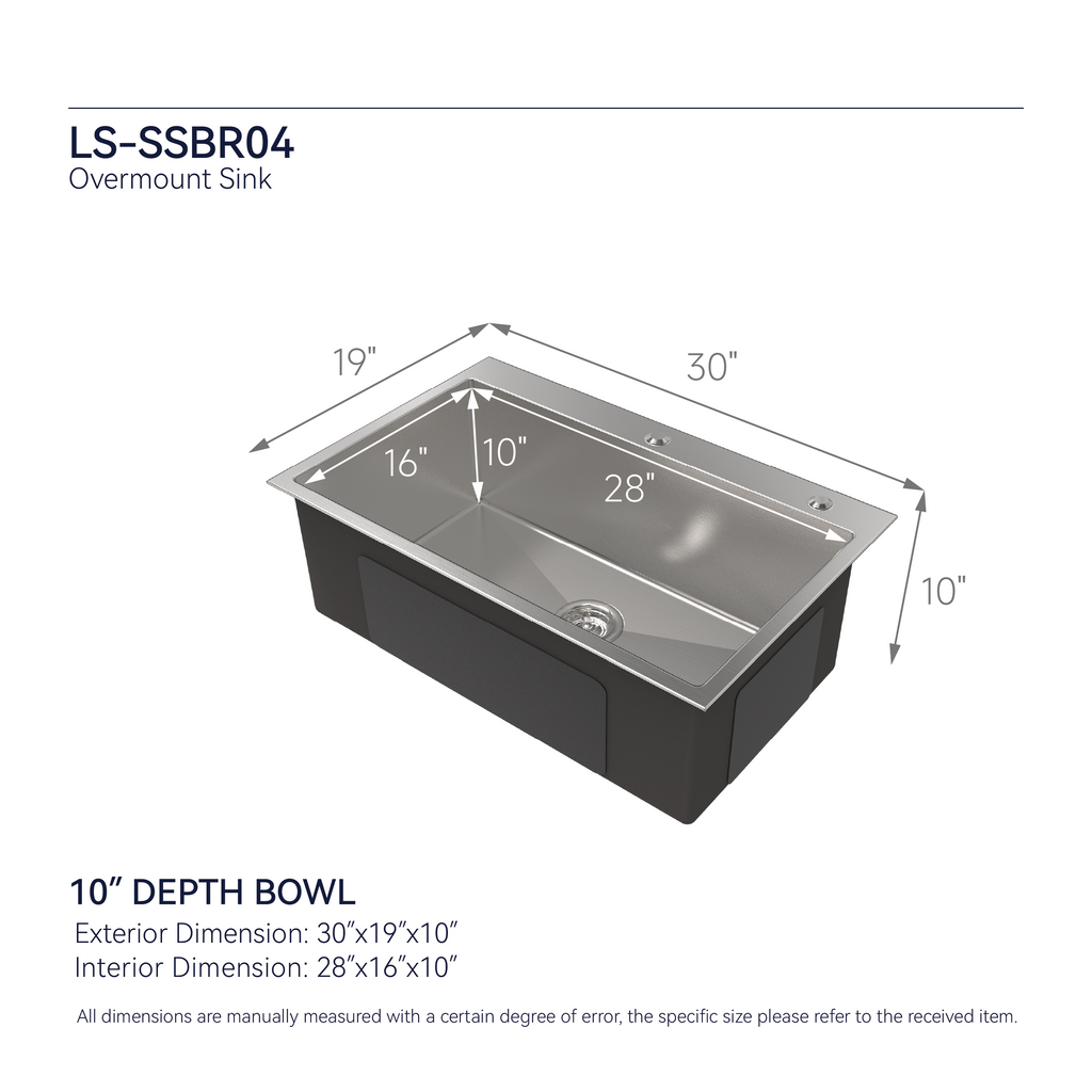 Stainless Steel Kitchen Sink, 30"x19" Single Bowl