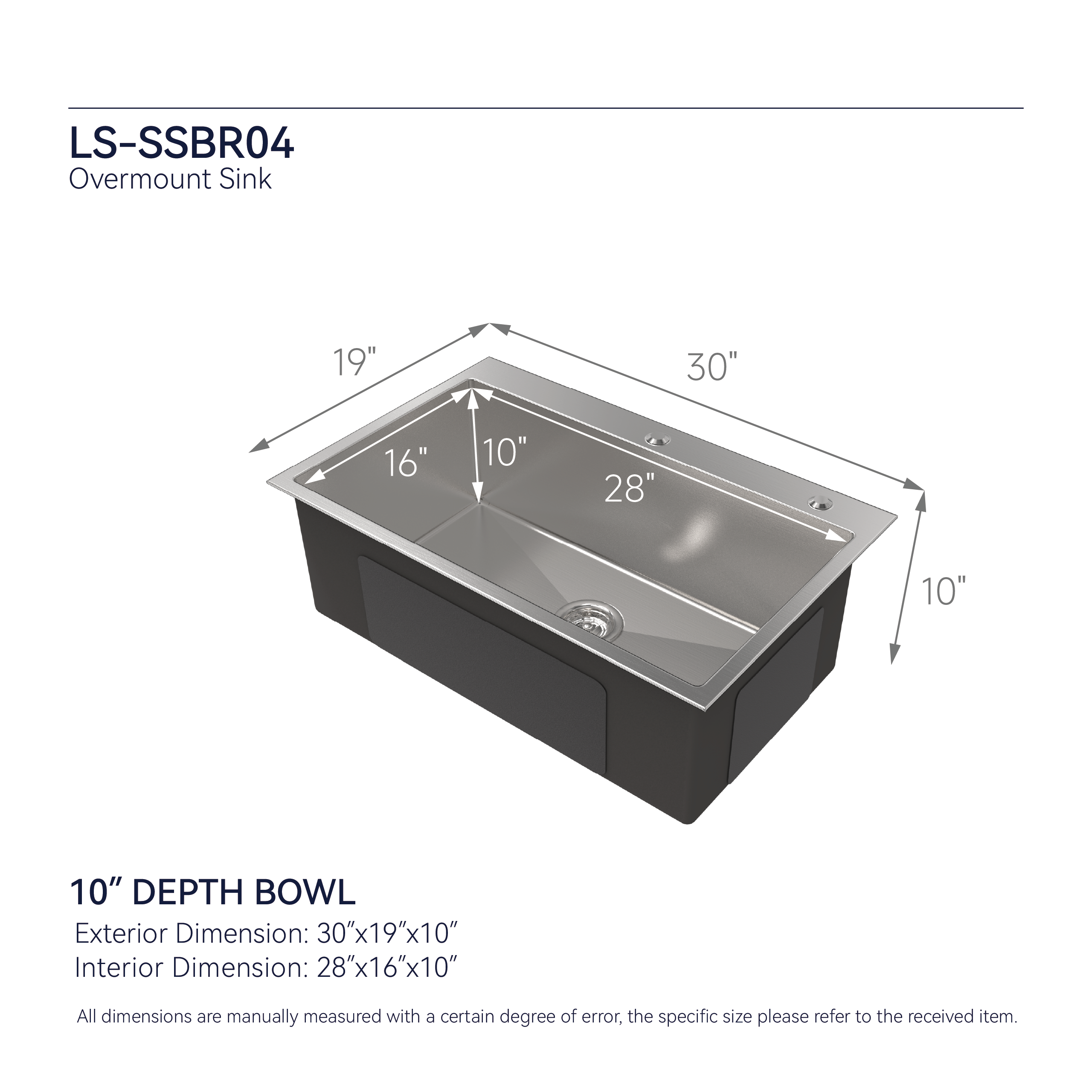 Stainless Steel Kitchen Sink, 30"x19" Single Bowl
