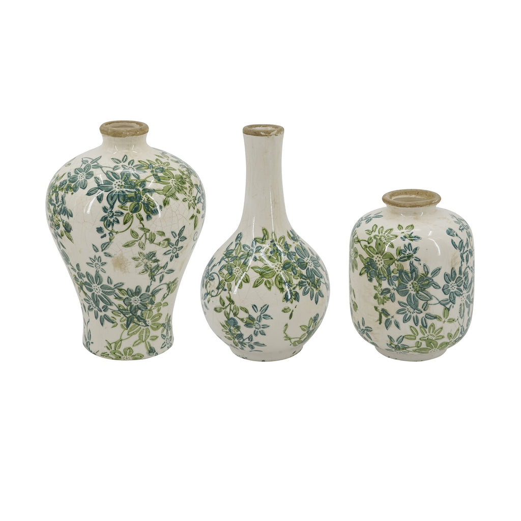 Set of 3 Floral Ceramic Vases