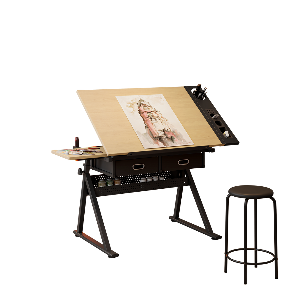 Adjustable Drawing Drafting Table Desk with Stool