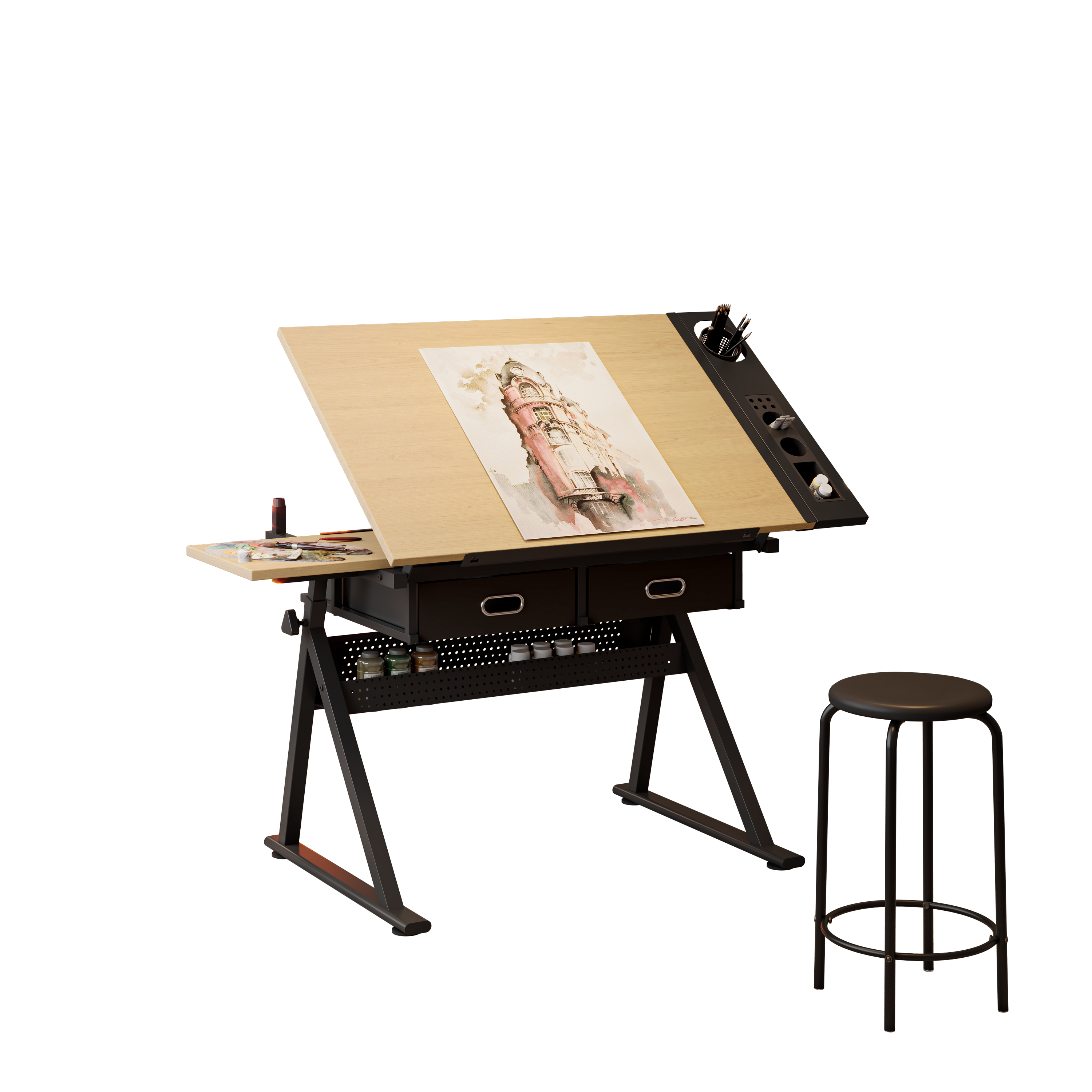 Adjustable Drawing Drafting Table Desk with Stool