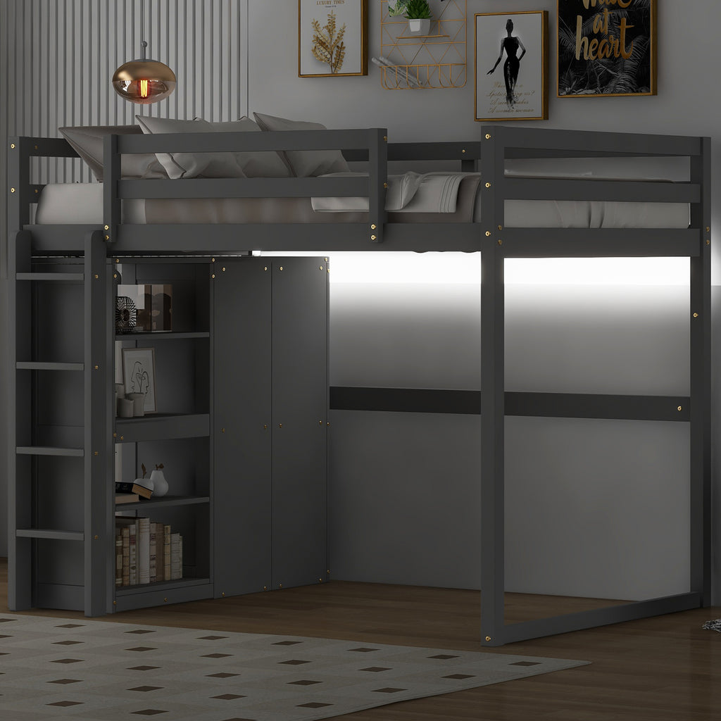 Wood Full Size Loft Bed With Built-in Wardrobe and Storage Shelves